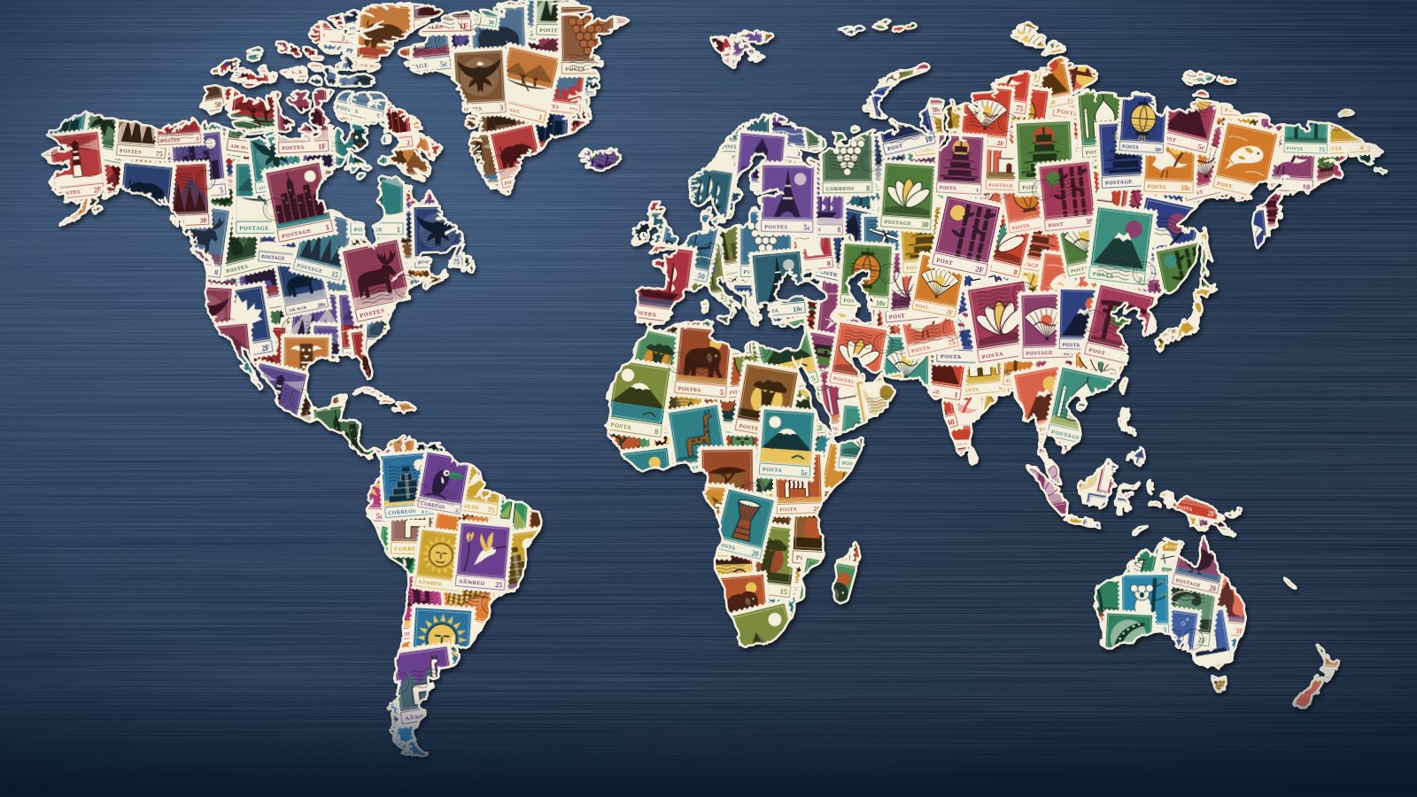 World map made of postage stamps from every continent on a dark blue metal background
